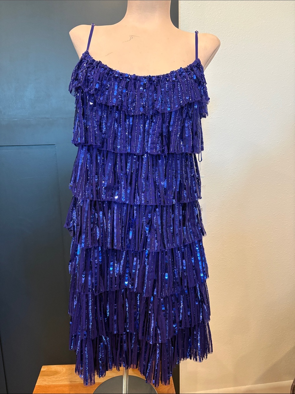641. Mac Duggal Royal Blue Tiered Sequin Fringe Mini Dress